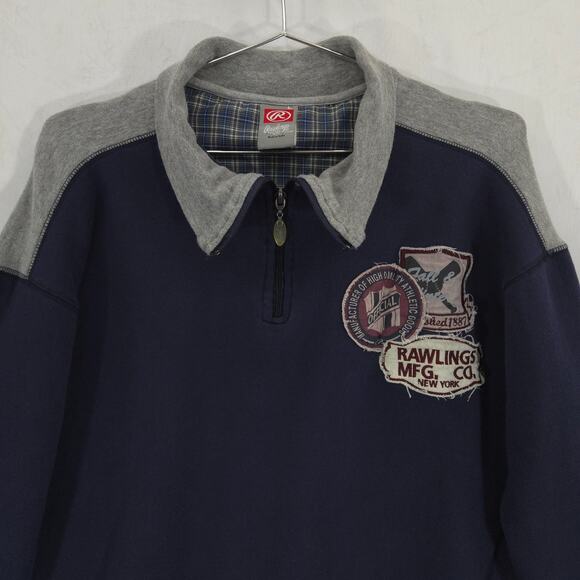 Rawlings Sweatshirt Mens Large Navy Baseball Patch Long Sleeve 1/4 Zip Pullover - Picture 2 of 14